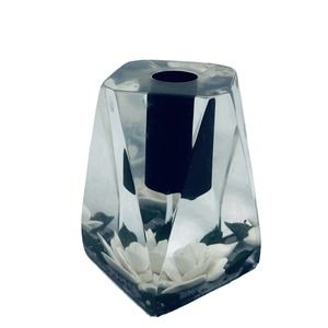 Vintage Clear Lucite Bircraft White Rose Candle Holder Paperweight USA Resin 3”